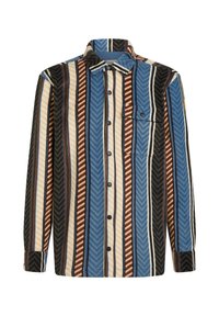 Camisa de botón de manga larga con rayas verticales en azul, marrón, blanco y negro, que incluye un bolsillo en el pecho delantero con una solapa de botón.