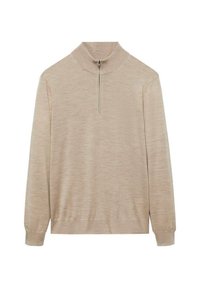 Beige zip-up sweater with a high collar, made of soft, textured fabric. Features long sleeves and a ribbed hem. Simple and minimalistic design.