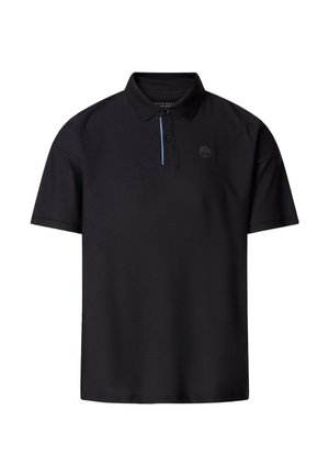 Polo nera a maniche corte con due bottoni, bordo blu sulla patta e logo circolare sottile sul petto a sinistra.