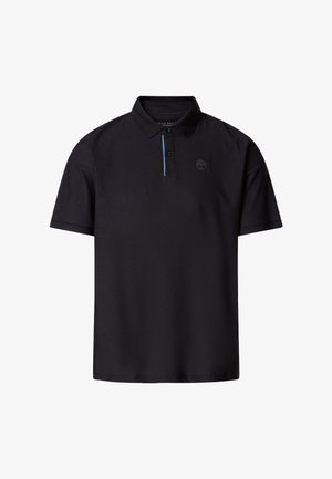Schwarzes Polohemd mit kurzen Ärmeln, zwei Knöpfen, blauer Einfassung an der Knopfleiste und dezentem runden Logo auf der linken Brust.