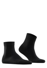 Schwarze Knöchelsocken mit einem gerippten, elastischen Bund. Glatte Textur mit verstärktem Fersen- und Zehenbereich. Kleiner blauer Akzent im Zehenbereich.