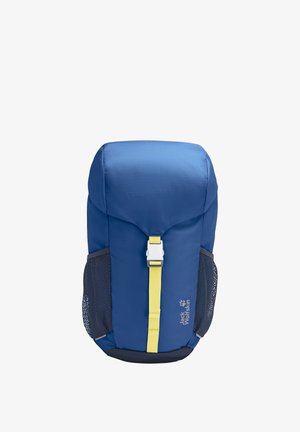 Sac à dos bleu avec sangle avant jaune, boucle blanche, poches latérales en filet noir, et logo Jack Wolfskin à l'avant.