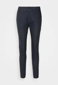 Navy tailored trousers with two front buttons, slim fit design, smooth texture, and a clean, crease-free finish. No visible pockets.