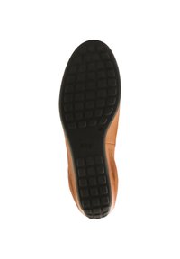 Semelle de chaussure en cuir tan, présentant une surface texturée avec un motif de semelle et un logo de marque. La forme est épurée et anatomique.
