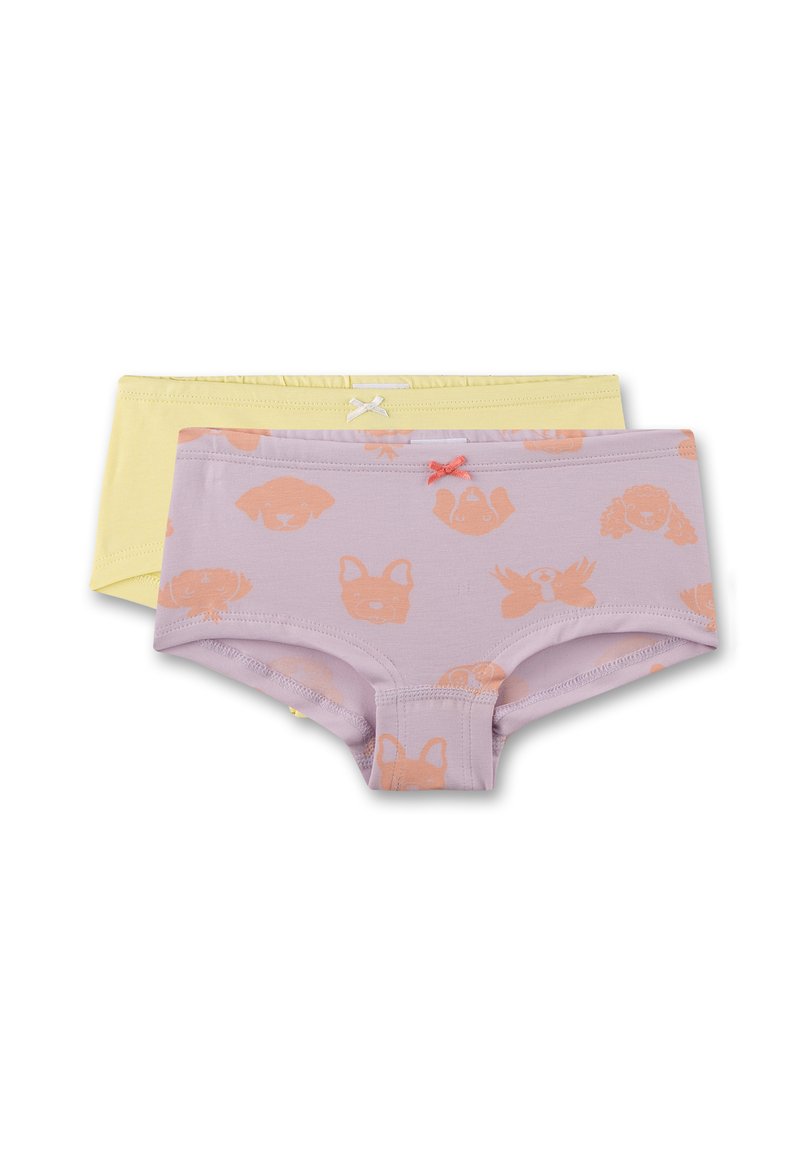 Set aus zwei Baumwollunterhosen für Kinder: eine lilafarbene mit orangefarbenen Tiermotiven und einer rosa Schleife, eine gelbe mit einer weißen Schleife. Weicher, dehnbarer Stoff.