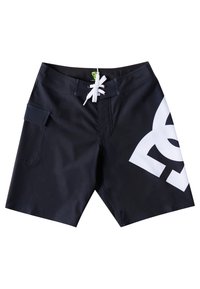 Dunkelblaue Boardshorts mit einem weißen Logo an der Seite, ausgestattet mit einer Schnürfront und einer Seitentasche. Hergestellt aus glattem, leichtem Stoff.