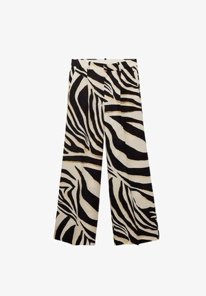 Black and white zebra print wide-leg trousers with pleats, featuring a smooth texture and a high waist for comfort.
