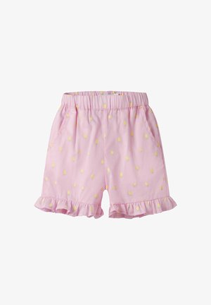 Rosa shorts til småbarn med små gule ballongtrykk, elastisk midjebånd, sidelommer og rysjekanter på bena.