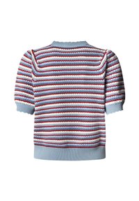 Gestrickter Kurzarmpullover mit hellblauem Grundton, verziert mit roten, weißen und blauen horizontalen Streifen sowie gewelltem Saum und Bündchen.