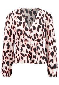 Blusa de manga larga en tejido ligero con un estampado de leopardo negro y rosa, con un escote en V profundo y cierre de botón en el frente.
