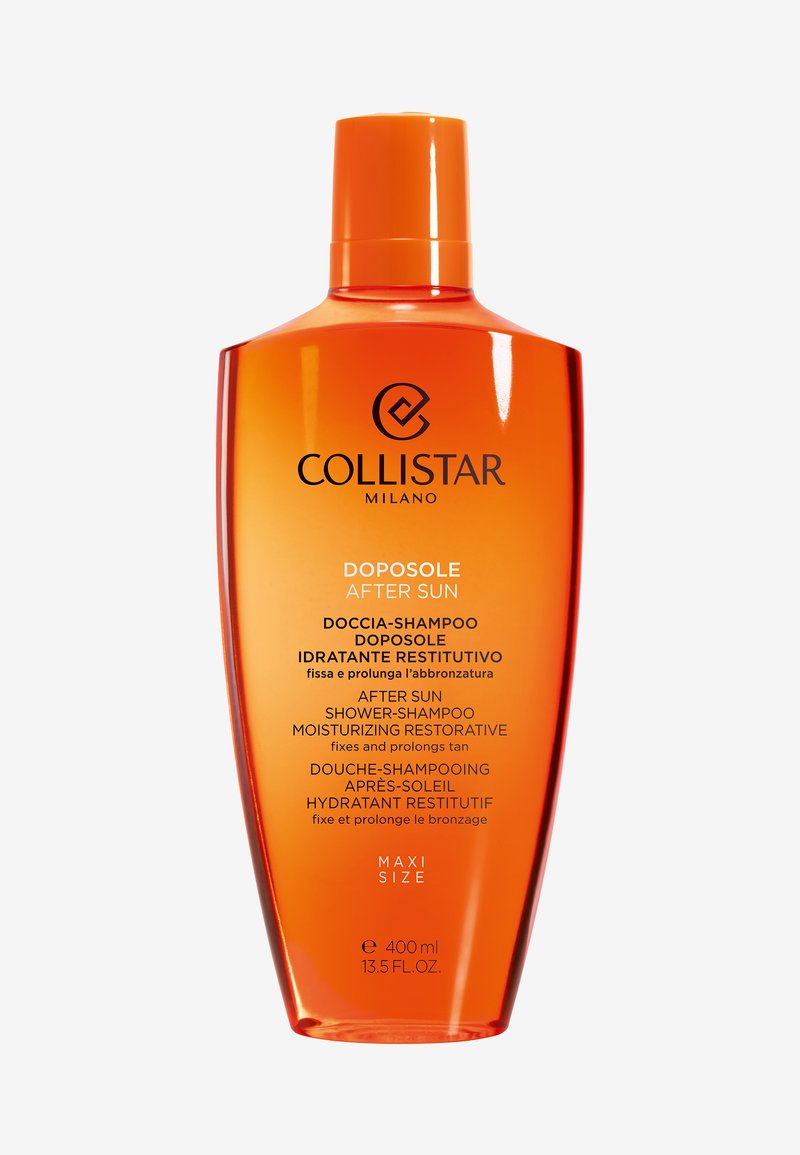Bouteille en plastique orange à large cou et bouchon à rabat. Présente des inscriptions en noir : "Collistar Milano," "After Sun," et des détails du produit en plusieurs langues.