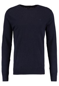 Jersey azul marino hecho de un tejido suave, con mangas largas, un cuello redondo y un pequeño detalle de logo en el pecho. Diseño minimalista.