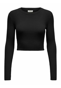 Maglietta nera a maniche lunghe con una scollatura tonda. Presenta un design aderente e un tessuto testurizzato. Stile minimalista, senza embellishments visibili.