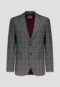 Grijze geruite blazer met een gestructureerd ontwerp, twee knopen, notch-revers en een kastanjebruine binnenvoering. Bevat zijzakken en een gestructureerde stof.