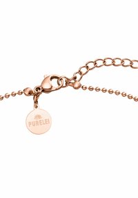 Roze gouden kettingarmband met een ronde tag met de gravure "PURELEI", sluiting met een haakje en een mix van gelinkte en parelachtige secties.