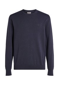 Maglione lavorato a maglia blu navy con colletto girocollo e polsini a coste. Presenta un discreto dettaglio del logo sul petto. Texture liscia e vestibilità regolare.