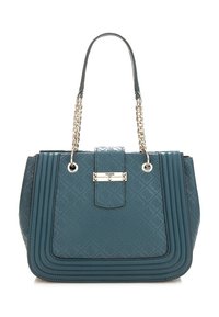 Teal faux läderhandväska med präglat mönster, silverdetaljer, kedjehandtag och veckade sidor. Rektangulär form med en strukturerad design.