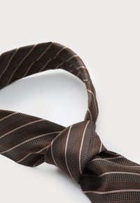 Cravate en soie marron avec des rayures diagonales dans des teintes plus foncées et plus claires. Le tissu a une texture lisse avec un design noué à une extrémité.