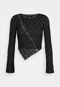 Black long-sleeve lace top featuring an asymmetrical hem, floral pattern, rounded neckline, and delicate texture.