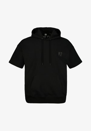 Felpa nera a maniche corte realizzata in tessuto misto cotone, dotata di una tasca frontale e cappuccio con cordino. Piccolo logo sul lato sinistro del petto.