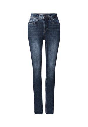 Skinny jeans in donkerblauwe denim. Heeft een strakke pasvorm, standaard vijf-pocket ontwerp en contrasterende stiksel langs de naden.