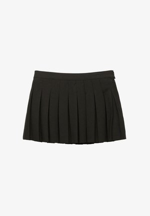 Jupe mini plissée noire avec une taille ajustée et une fermeture zippée sur le côté, présentée sur un fond blanc.