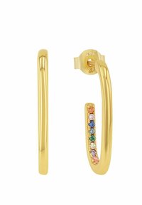 Pendientes de aro dorados con un diseño elegante y un acento de gema coloreada en un lado, con un acabado pulido y un cierre seguro.