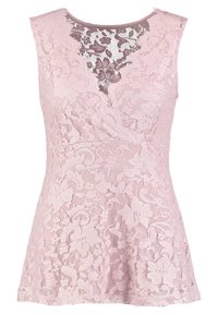 Spetsoberdel i mjuk rosa med blommönster. Rund halsringning med genomskinlig spetstins. Ärmfri design, utsvängd nederkant, texturerad yta.