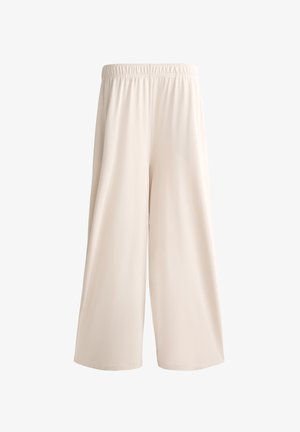 Široke kremne hlače z elastičnim pasom, narejene iz gladkega materiala, s sproščenim krojem in brez vidnih žepov ali okrasnih elementov.