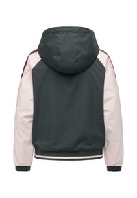 Veste à capuche avec dos gris foncé, manches rose clair, bandes latérales roses, et poignets et ourlet élastiques avec bandes assorties.