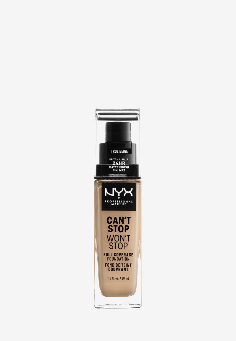Fond de teint NYX Can't Stop Won't Stop en teinte Beige Vrai. Flacon en verre transparent, forme rectangulaire, bouchon pompe noir, étiquettes en texte blanc. Taille de 30 mL.