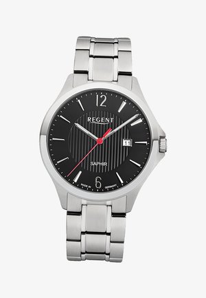 Montre-bracelet en acier inoxydable avec cadran noir, index argentés, aiguille des secondes rouge, guichet de date à 3 heures et bracelet en maillons métalliques.