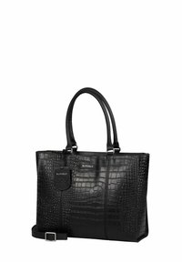 Sac fourre-tout noir en texture crocodile avec deux poignées solides, une bandoulière amovible et une étiquette de marque. Présente une finition lisse et élégante.