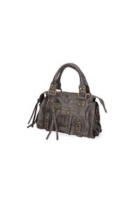 Sac à main en cuir gris avec des garnitures en métal, surface texturée, doubles poignées supérieures et détails de frange décoratifs. Dispose d'une poche zippée à l'avant.