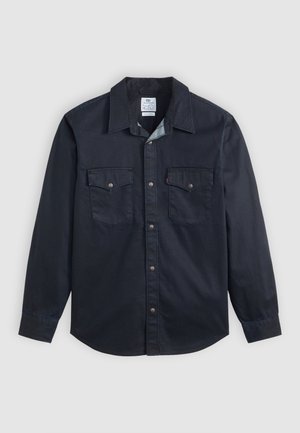 Dark denim long-sleeve shirt with a button-down collar, two chest pockets, and contrast stitching details. Front button closure.