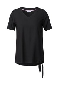 T-shirt nero a maniche corte con scollo a V realizzato in tessuto morbido, con un accento annodato sul lato sinistro. Design semplice con una vestibilità comoda.