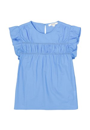 Lichtblauw shirt met korte mouwen met ruches, geplooide details bij de borst en een kleine opening aan de achterkant met sluiting. Gemaakt van zachte stof.