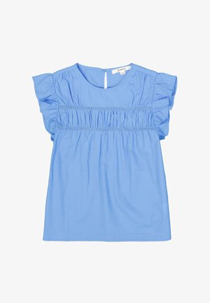 Top de manga corta azul claro con mangas con volantes, detalles fruncidos en el pecho y un pequeño cierre trasero con abertura en forma de llave. Hecho de tela suave.