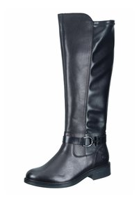 Botte en cuir noir hautes au genou avec une texture lisse, une fermeture éclair sur le côté, un accent de boucle en argent et un petit talon robuste.