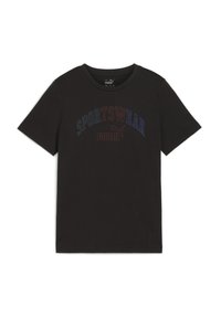 Camiseta de algodón negra con cuello de tripulación, mangas cortas y texto "SPORTSWEAR" en letras multicolores en el pecho.