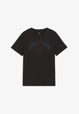 Camiseta de algodón negra con cuello de tripulación, mangas cortas y texto "SPORTSWEAR" en letras multicolores en el pecho.