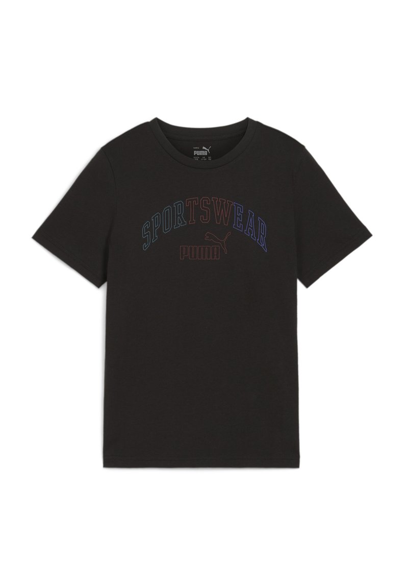 Camiseta de algodón negra con cuello de tripulación, mangas cortas y texto "SPORTSWEAR" en letras multicolores en el pecho.