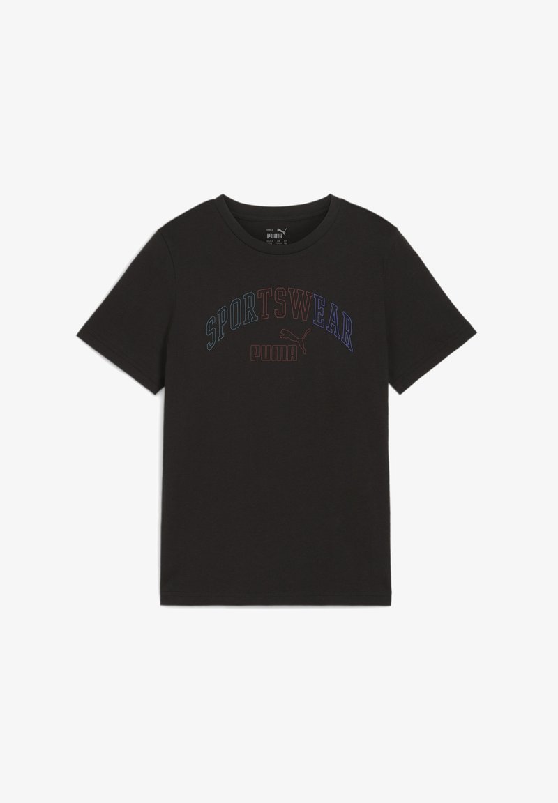 Camiseta de algodón negra con cuello de tripulación, mangas cortas y texto "SPORTSWEAR" en letras multicolores en el pecho.