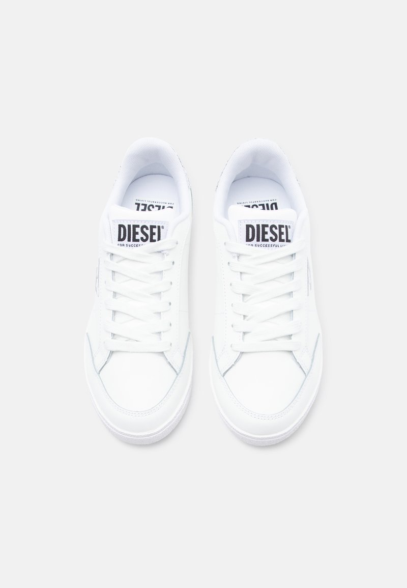 White sneakers with a smooth leather upper, flat laces, and a rounded toe. Features a logoed tongue and minimal stitching accents.