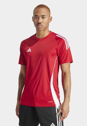 Red athletic shirt with white accents and branding, short sleeves, made from lightweight, breathable fabric, featuring a sporty design.