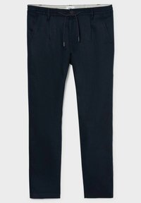 Pantalon de détente bleu marine en tissu doux, doté d'une taille élastique avec cordon de serrage, deux poches avant et une coupe droite.