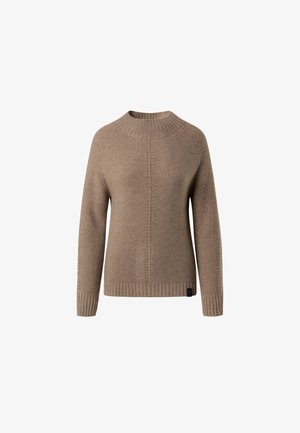 Pull en tricot marron clair avec un col rond et un ourlet côtelé, présentant des manches raglan et une texture subtile sur l'ensemble.