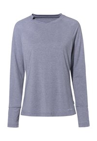 Langärmliges Sportshirt aus hellgrauem Stoff. Verfügt über einen runden Ausschnitt und Raglanärmel. Kleines Markenlogo am Saum.