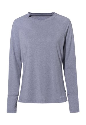 Langärmliges Sportshirt aus hellgrauem Stoff. Verfügt über einen runden Ausschnitt und Raglanärmel. Kleines Markenlogo am Saum.