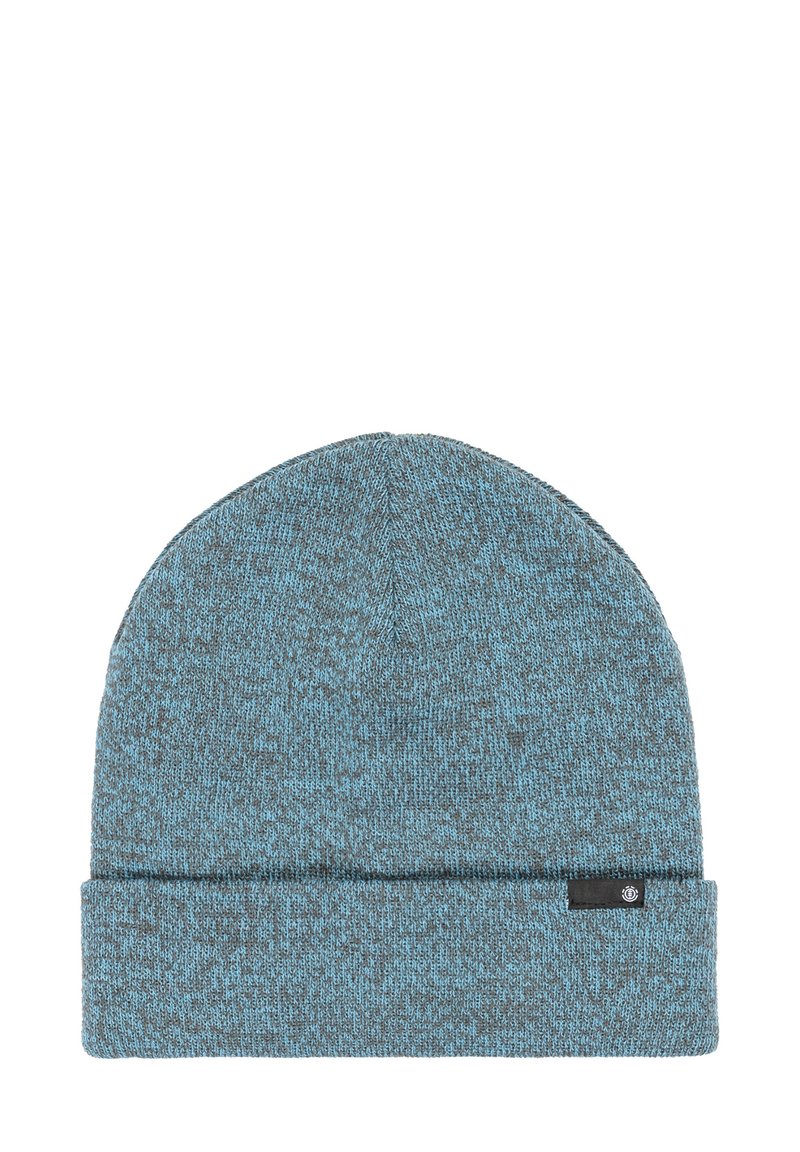 Knitted beanie hat in dark gray with aqua flecks, featuring a rolled hem and a small black label on the side.